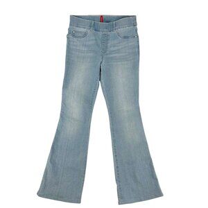 Spanx Womens Mid-Rise Light Wash Blue Denim Flare Pull On Jean Size M